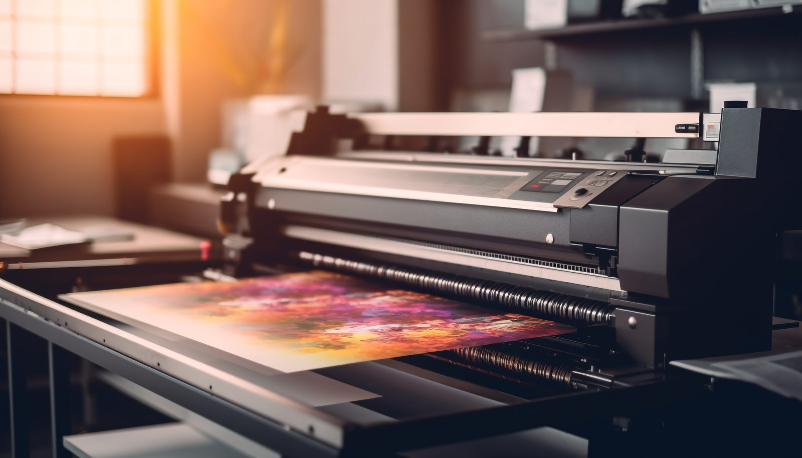 Wide-format printing press running a full-colour sheet